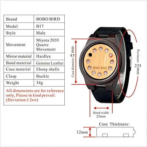 BOBO BIRD Men's Bamboo Wooden Watch with Black Leather Strap & Quartz Movement | 4.3 cm (1.77") Case thumbnail 4