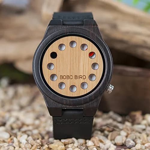 BOBO BIRD Men's Bamboo Wooden Watch with Black Leather Strap & Quartz Movement | 4.3 cm (1.77") Case thumbnail 5