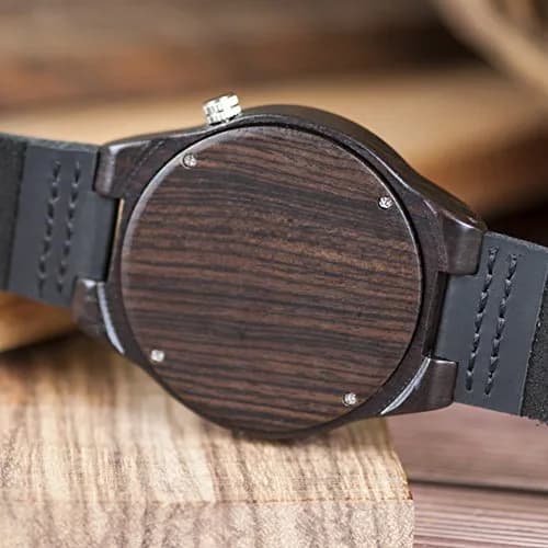 BOBO BIRD Men's Bamboo Wooden Watch with Black Leather Strap & Quartz Movement | 4.3 cm (1.77") Case thumbnail 8