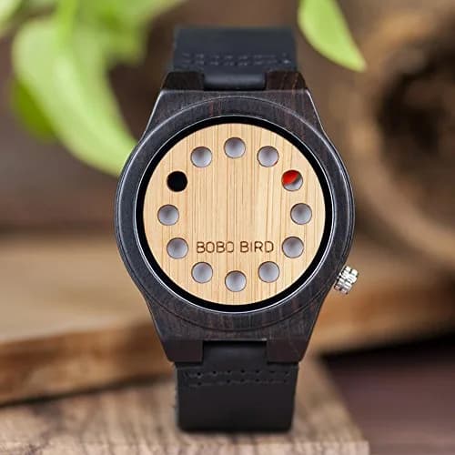 BOBO BIRD Men's Bamboo Wooden Watch with Black Leather Strap & Quartz Movement | 4.3 cm (1.77") Case thumbnail 2