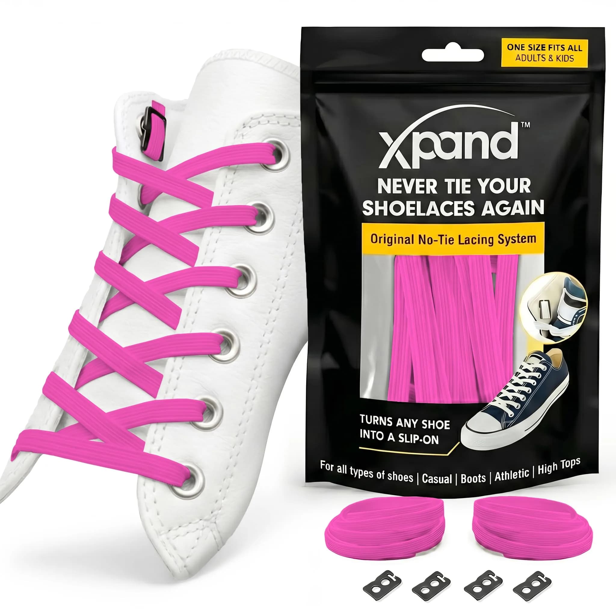 Xpand Neon Pink No Tie Elastic Shoe Laces | 132cm (52") Stretch Laces with Lace Anchors & End Clips