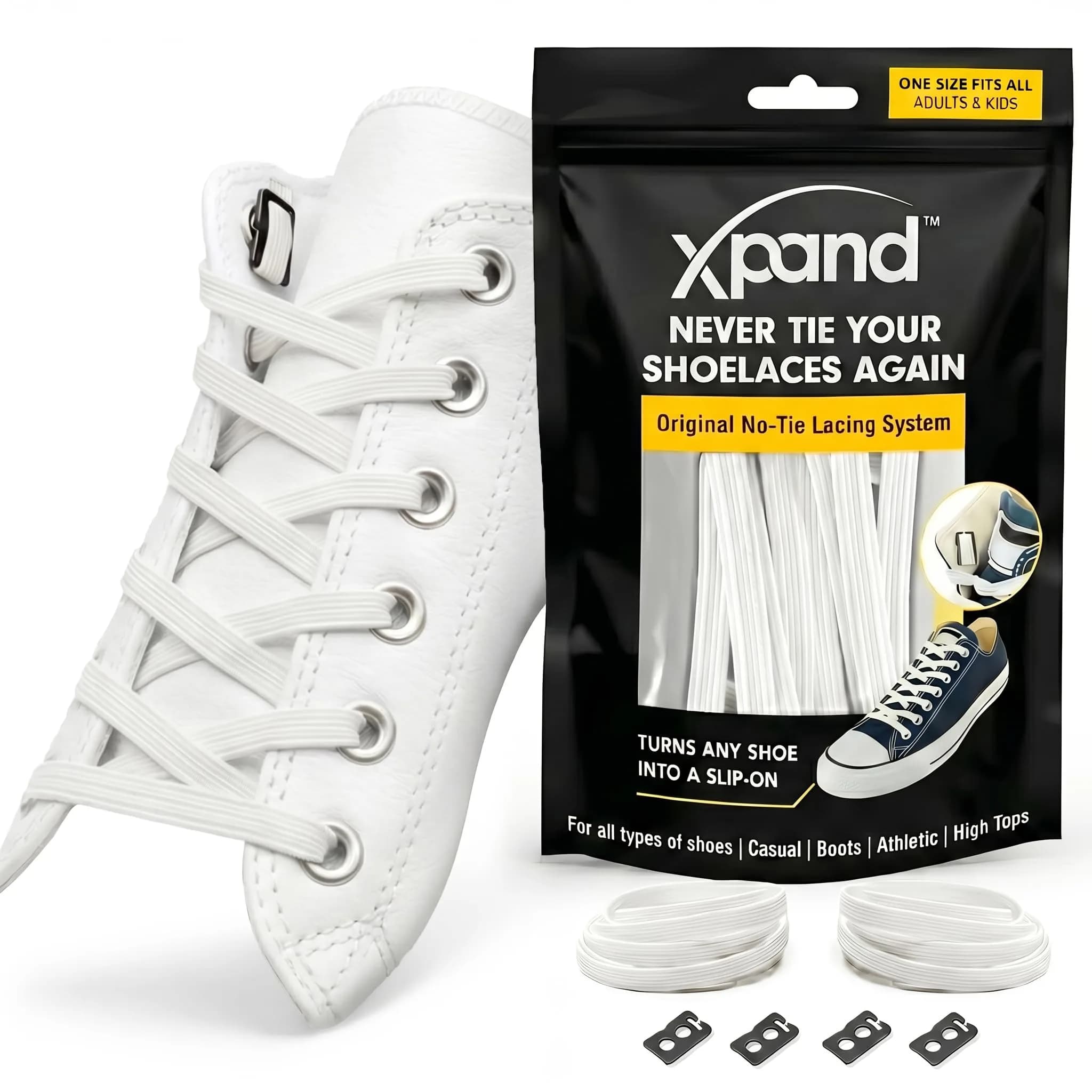 Xpand No Tie Elastic Shoe Laces for Sneakers - White | 1 Pair (2 Laces, 52" Stretches to 100")