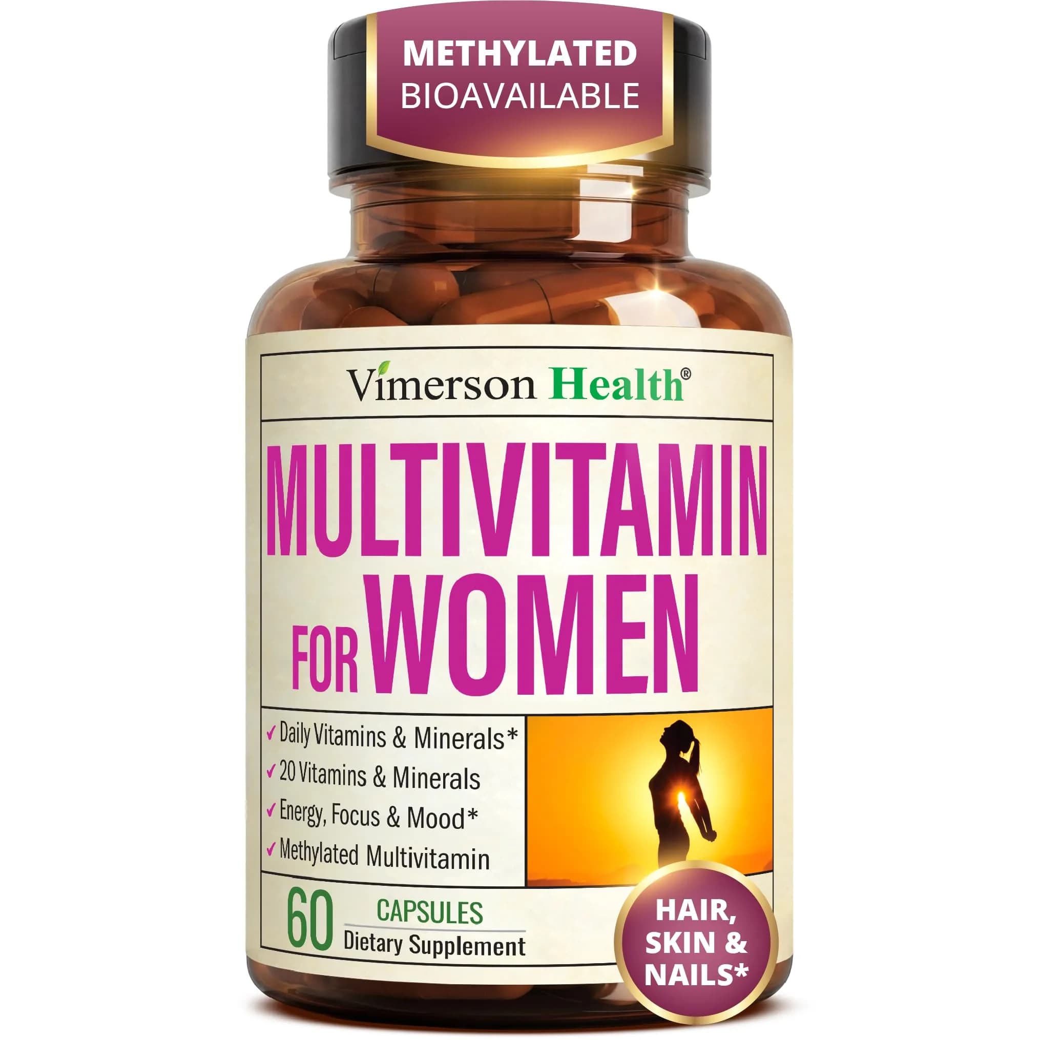 Vimerson Health Women's Multivitamin 60 Capsules | Methylated B Vitamins, Chelated Minerals, Bioavailable D3 for Focus & Energy