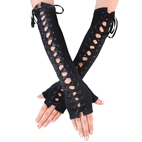 JISEN Womens Full Length Fingerless Lace Up Arm Warmer Satin Gloves Black | Chic & Edgy Punkie Goth Style thumbnail 1