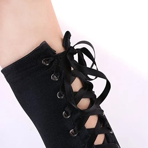 JISEN Womens Full Length Fingerless Lace Up Arm Warmer Satin Gloves Black | Chic & Edgy Punkie Goth Style thumbnail 3