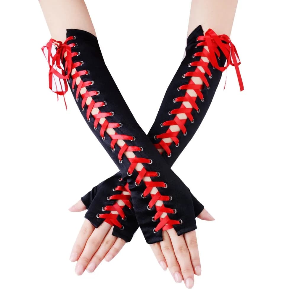JISEN Womens Full Length Fingerless Lace Up Arm Warmer Satin Gloves Black | Chic & Edgy Punkie Goth Style — Satin Red