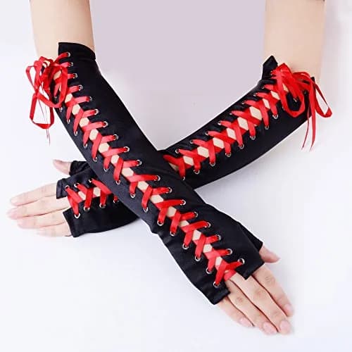 JISEN Womens Full Length Fingerless Lace Up Arm Warmer Satin Gloves Red | Chic Punkie Goth Style thumbnail 2
