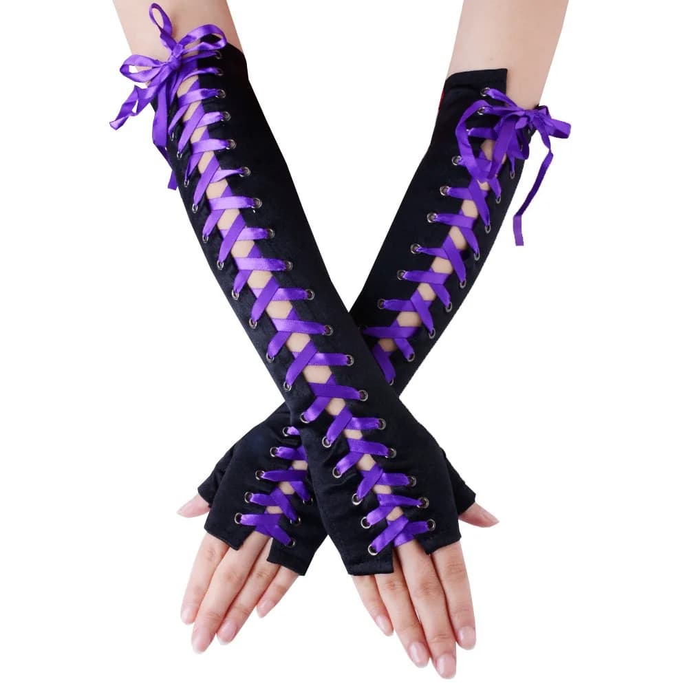JISEN Womens Full Length Fingerless Lace Up Arm Warmer Satin Gloves Black | Chic & Edgy Punkie Goth Style — Satin Purple