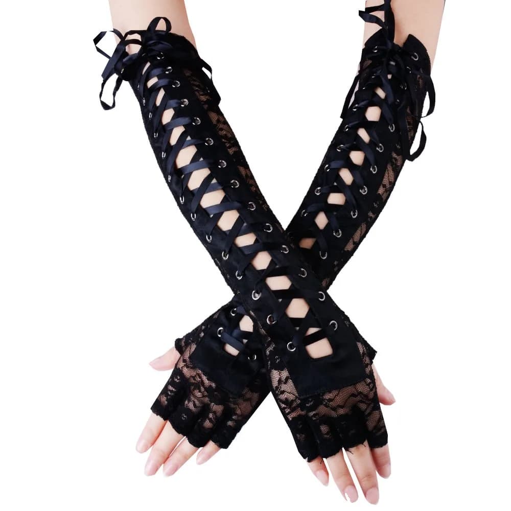 JISEN Womens Full Length Fingerless Lace Up Arm Warmer Satin Gloves Black | Chic & Edgy Punkie Goth Style — Nylon Black