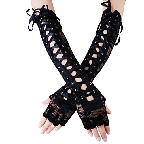 JISEN Women Nylon Elbow Lace-up Fashion Costume Gloves Black 35.56cm (14 inch) | Unique Corset Style Arm Warmers thumbnail 1