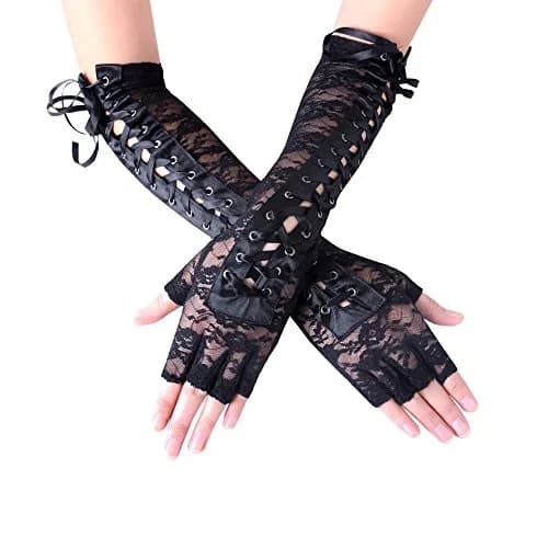 JISEN Women Nylon Elbow Lace-up Fashion Costume Gloves Black 35.56cm (14 inch) | Unique Corset Style Arm Warmers thumbnail 3