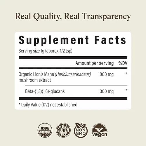 Real Mushrooms Lion's Mane Extract Powder 60 Servings | Organic Adaptogen for Focus & Clarity thumbnail 9