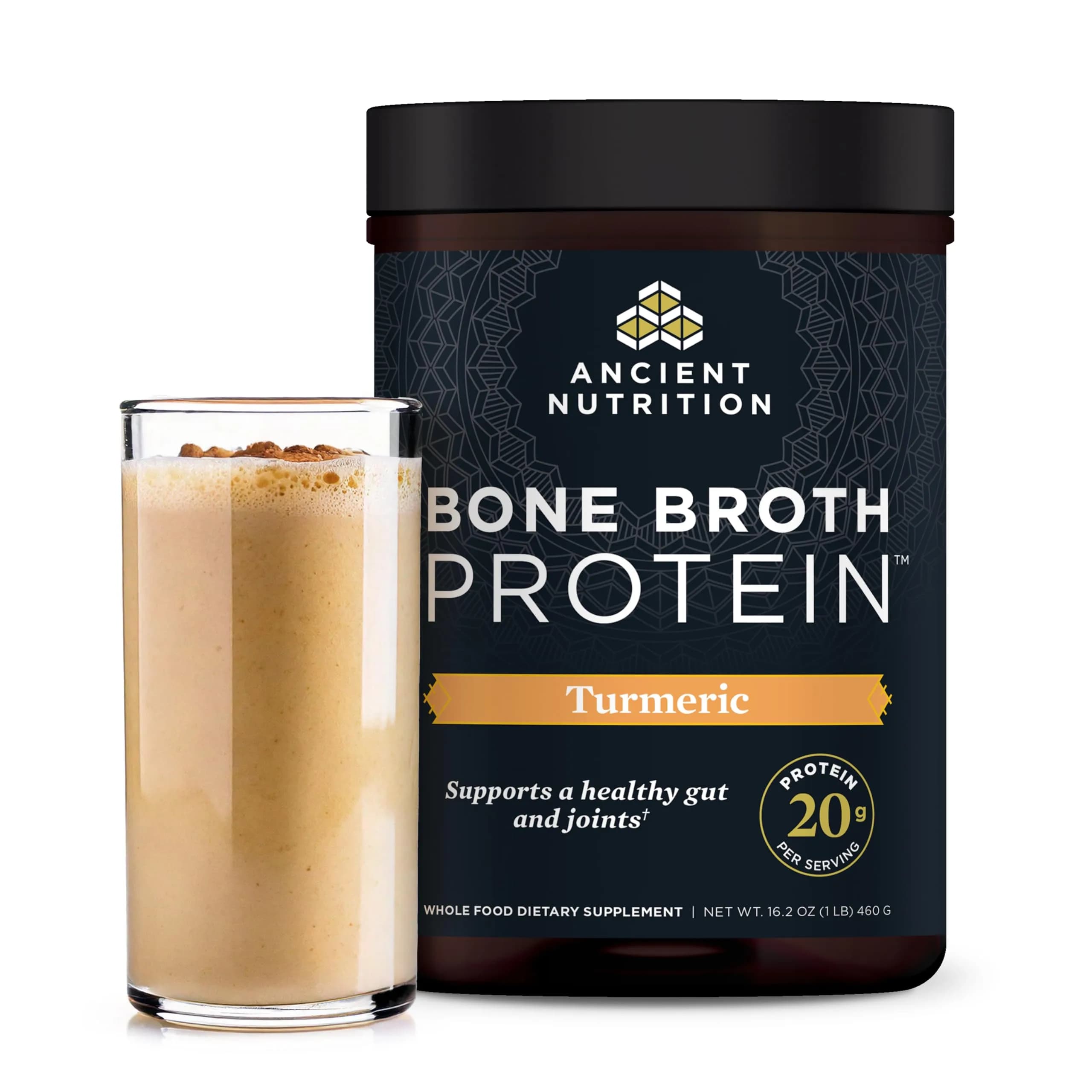 Ancient Nutrition Grass Fed Bone Broth Protein Powder 15.7oz (445g) | 20g Protein Per Serving, Supports Joints & Gut — Turmeric / 20 Servings