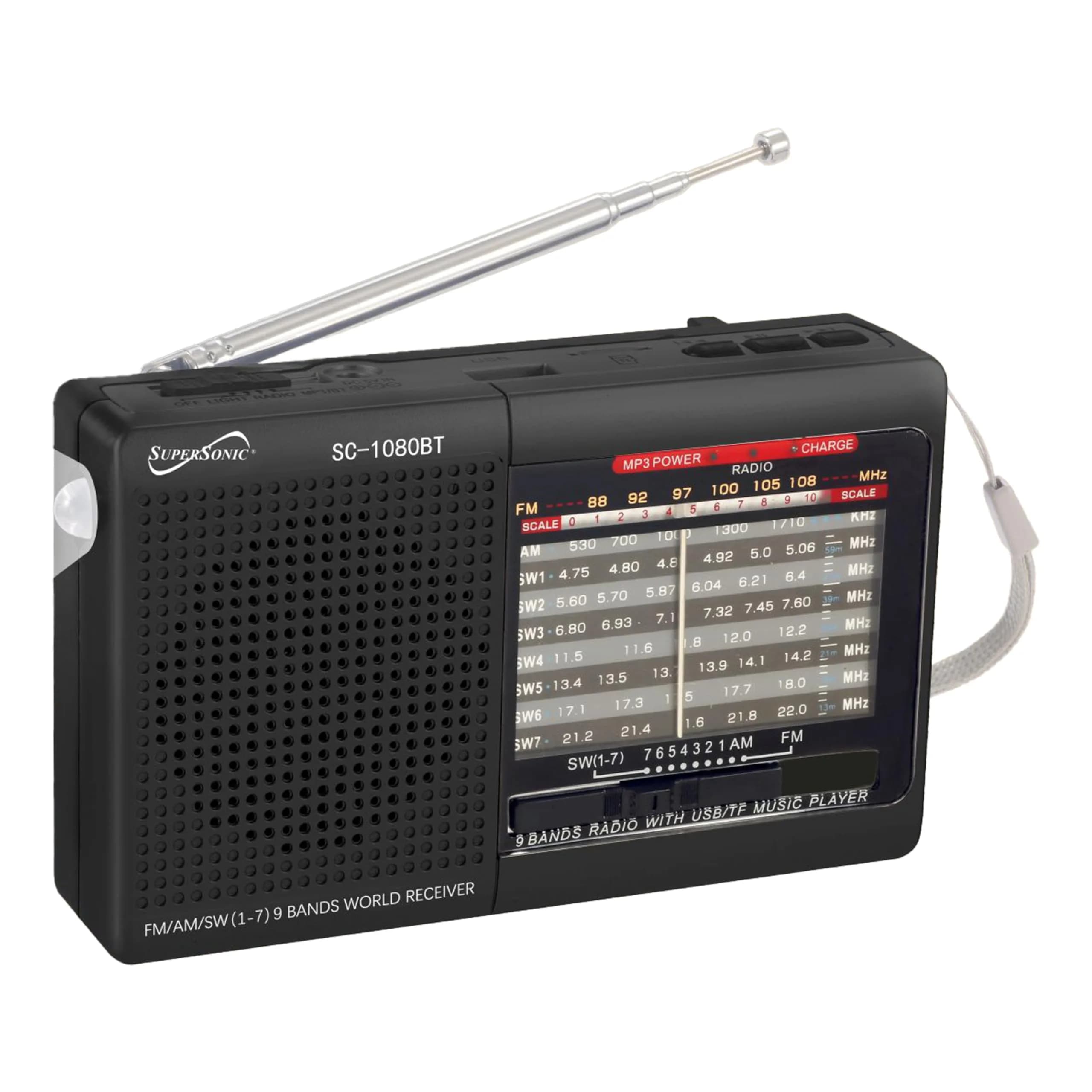 Supersonic SC-1080BT 9-Band Bluetooth Radio with USB/SD Card Input, Black | Portable AM/FM Stereo with Rechargeable Battery