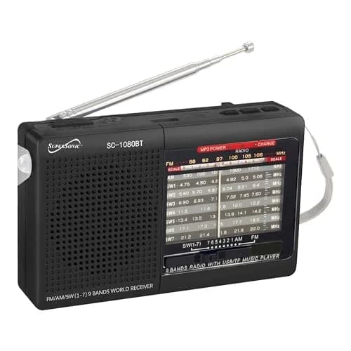 Supersonic SC-1080BT 9-Band Bluetooth Radio with USB/SD Card Input, Black | Portable AM/FM Stereo with Rechargeable Battery thumbnail 1