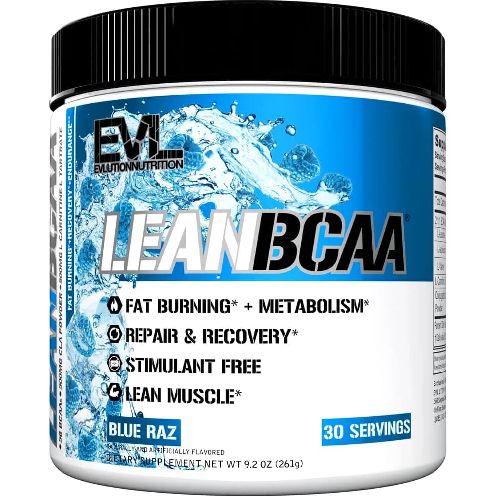 Evlution EVL LeanBCAA Powder with CLA & Carnitine, Blue Raz 267g (8.4 Oz) | Gluten-Free Muscle Recovery & Fat Burn Support — Blue Raz