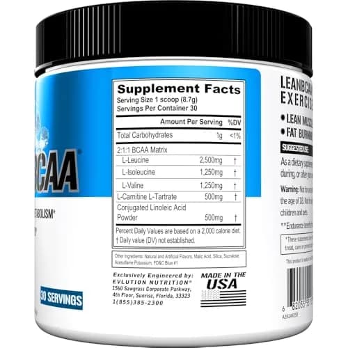 Evlution EVL LeanBCAA Powder with CLA & Carnitine, Blue Raz 267g (8.4 Oz) | Gluten-Free Muscle Recovery & Fat Burn Support thumbnail 2
