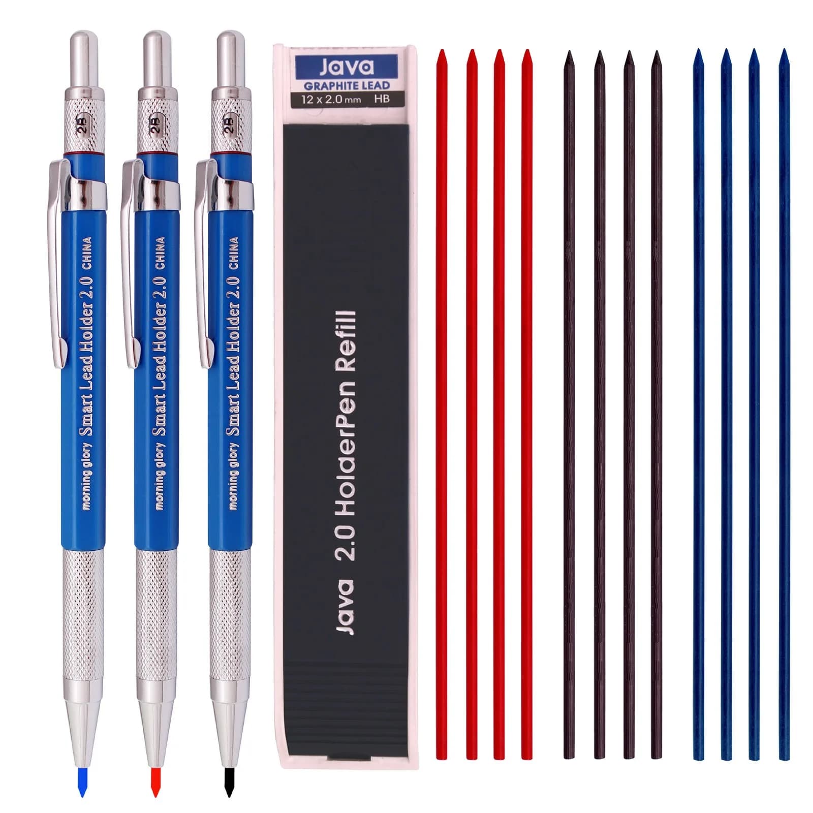 Morning Glory 2.0mm Lead Holder Pen Mechanical Pencil Set | 3 Pens + 12 Leads (Red, Blue, Black) — Black,Blue