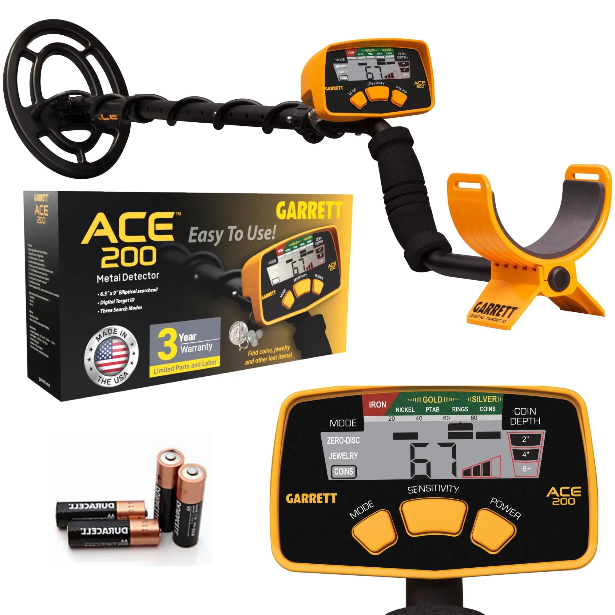 Garrett ACE 200 Metal Detector Starter Bundle Kit with Accessories | Lightweight, Waterproof Coil & 3-Year USA Warranty — Black