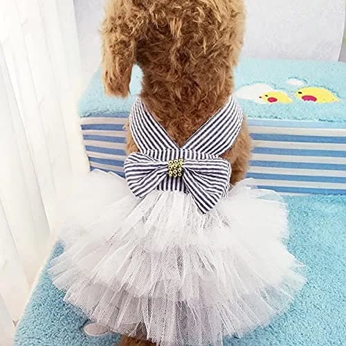 TAPBULL Striped Mesh Princess Dog Dress Blue Large | Fashion Pet Clothes for Small Dogs thumbnail 1