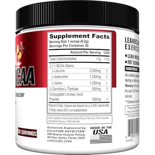 Evlution Lean BCAA Powder with CLA & Carnitine - Fruit Punch 267g (9.4 oz) | Supports Muscle Recovery & Fat Metabolism thumbnail 2