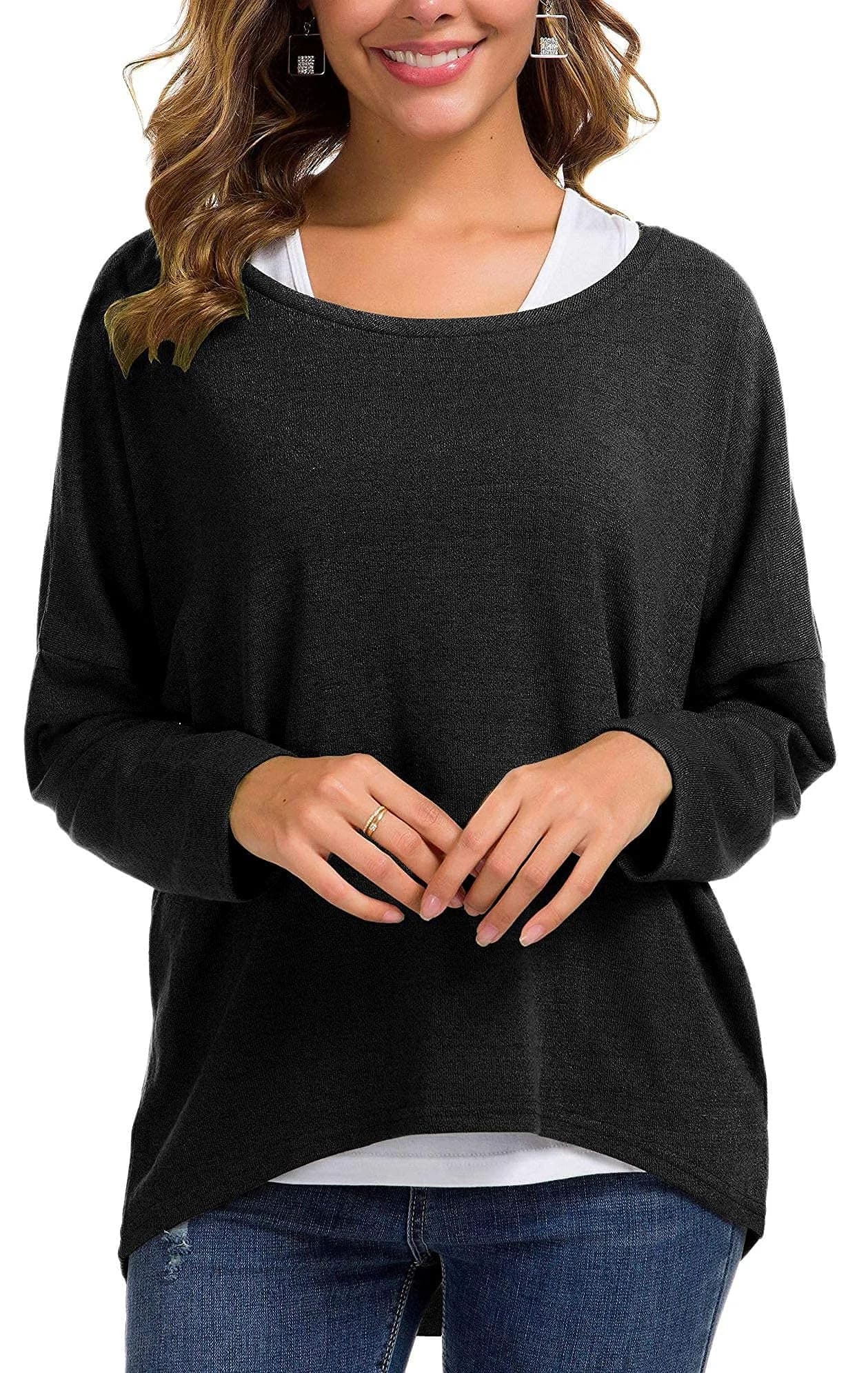 UGET Women's Oversized Baggy Tops Off Shoulder Loose Fitting Pullover Casual Blouse T-Shirt Sweater Long Batwing Sleeve Medium Black | Casual, Lightweight Knit