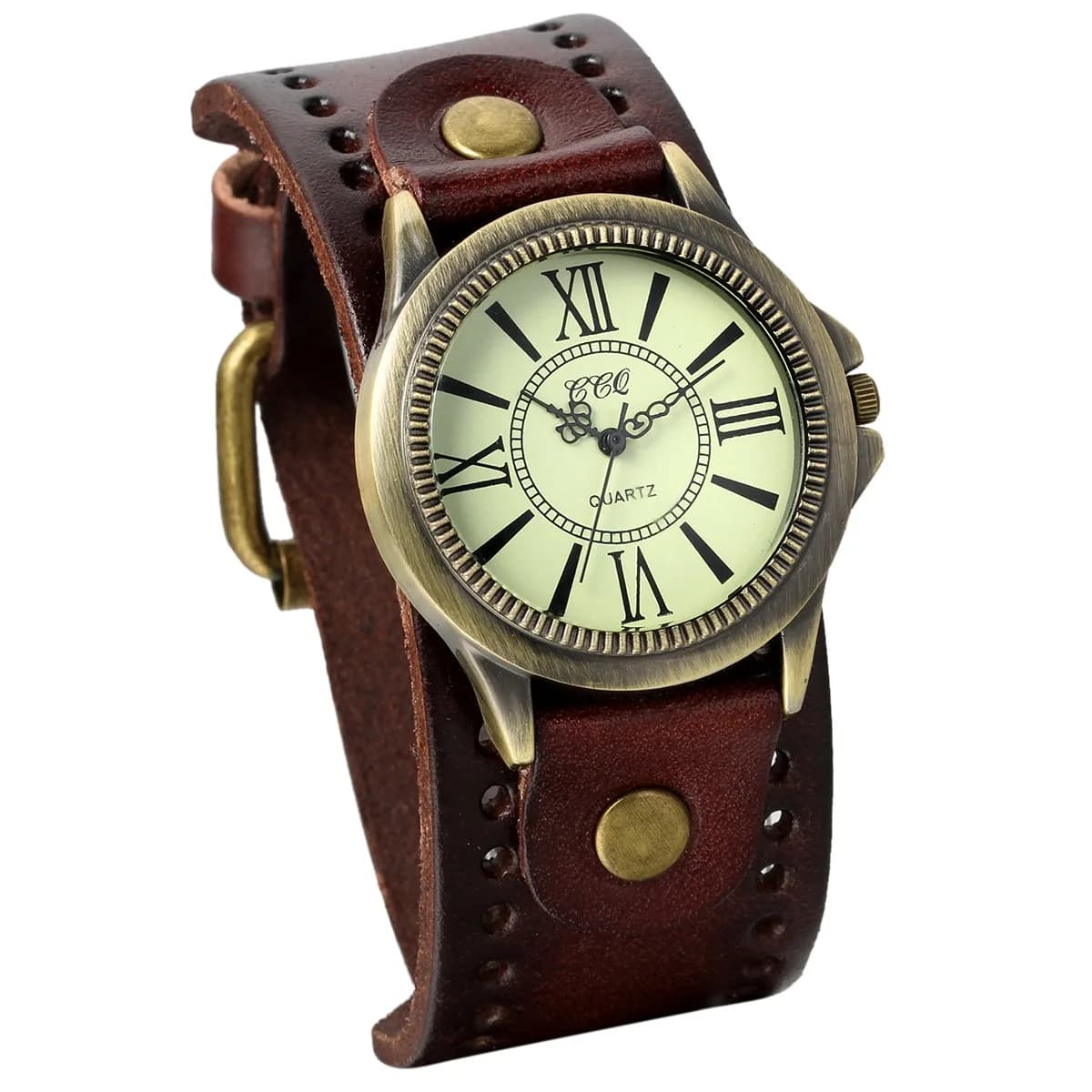 JewelryWe Vintage Leather Cuff Watch Punk Analog Quartz Wristwatch | Retro Style, Adjustable Fit, Daily Water Resistance — roman numerals brown