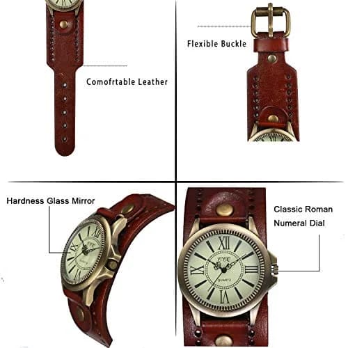 JewelryWe Vintage Leather Cuff Watch Punk Analog Quartz Wristwatch | Retro Style, Adjustable Fit, Water-Resistant thumbnail 5