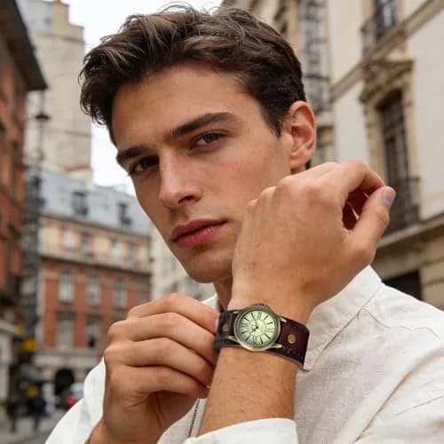 JewelryWe Vintage Leather Cuff Watch Punk Analog Quartz Wristwatch | Retro Style, Adjustable Fit, Water-Resistant thumbnail 3