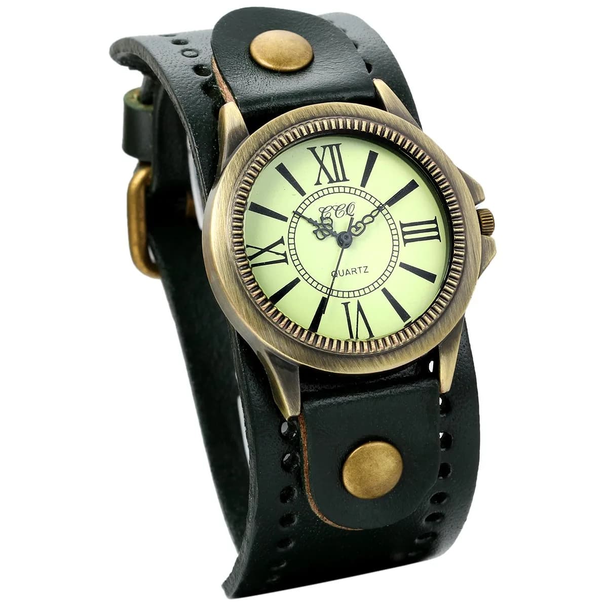 JewelryWe Vintage Leather Cuff Watch Punk Analog Quartz Wristwatch | Retro Style, Adjustable Fit, Daily Water Resistance - main product image