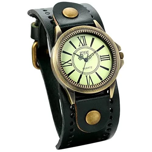 JewelryWe Vintage Leather Cuff Watch Punk Analog Quartz Wristwatch | Retro Style, Adjustable Fit, Daily Water Resistance thumbnail 1