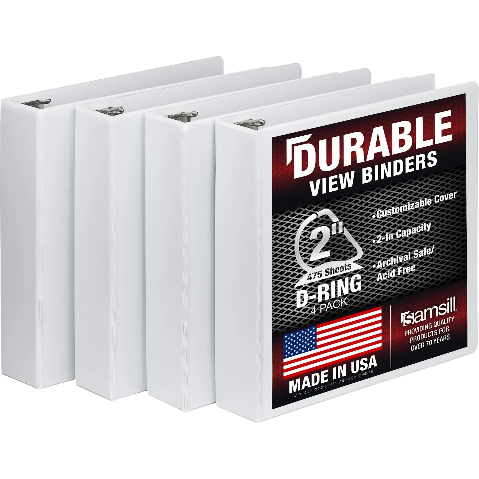 Samsill Durable 2 inch White D-Ring Binder (4 Pack) | Holds 480 Pages, 100% Recycled Chipboard, Archival Safe