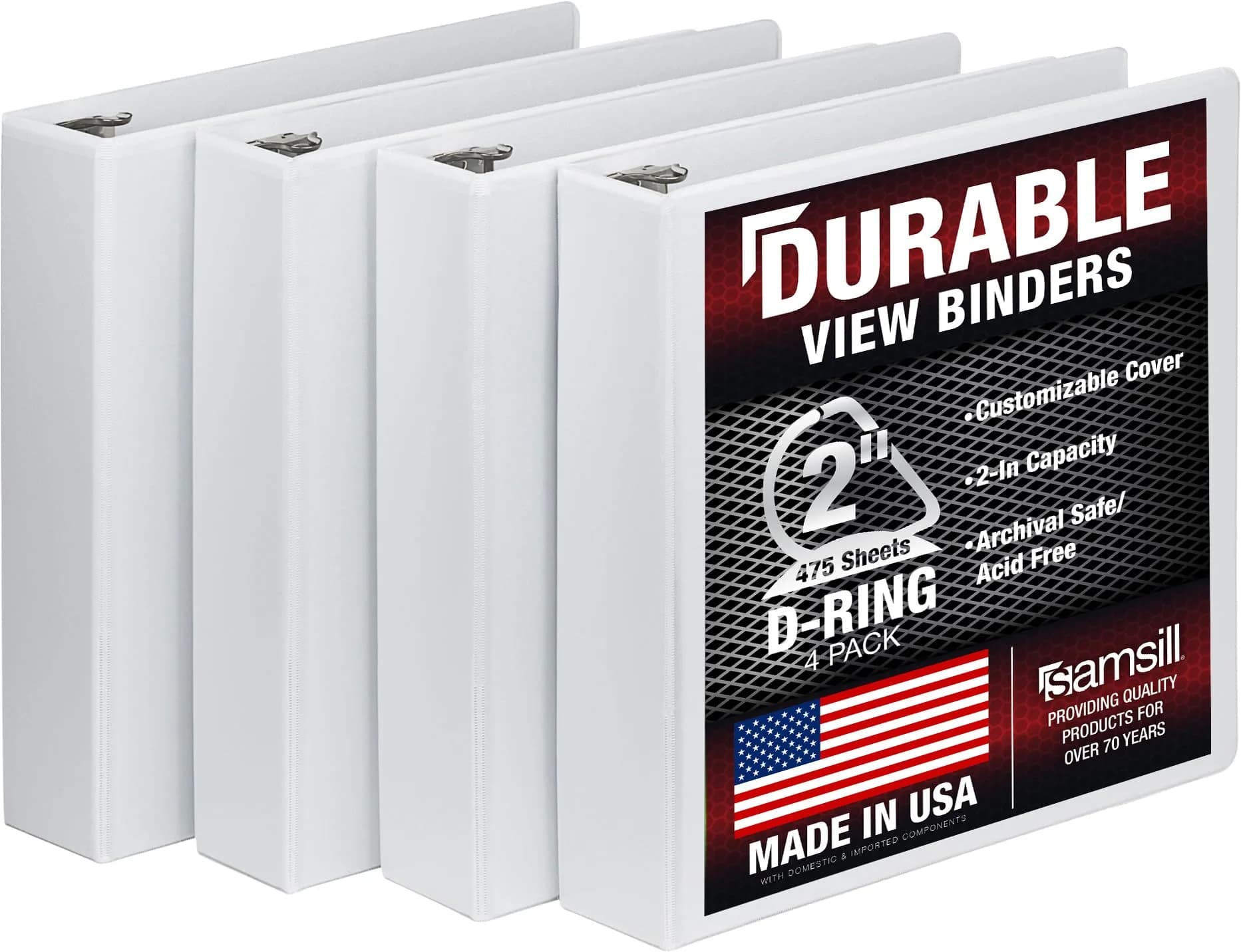 Samsill Durable 2 inch White D-Ring Binder (4 Pack) | Holds 480 Pages, 100% Recycled Chipboard, Archival Safe — 2 in