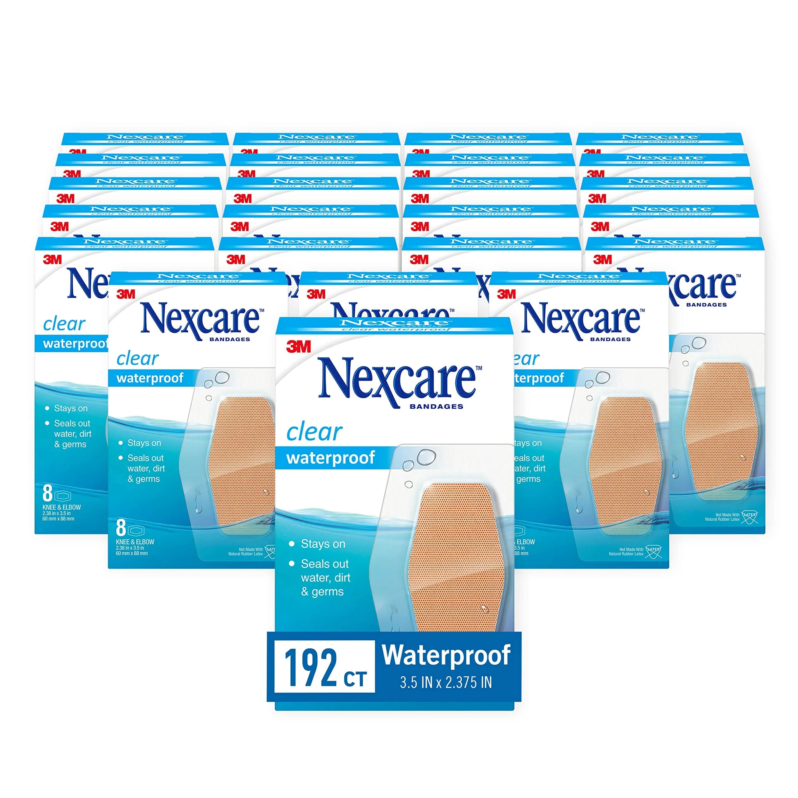 Nexcare Waterproof Clear Bandages for Knee and Elbow, 192 Count (24 Packs of 8) | Stays On in Water, Protects Wounds