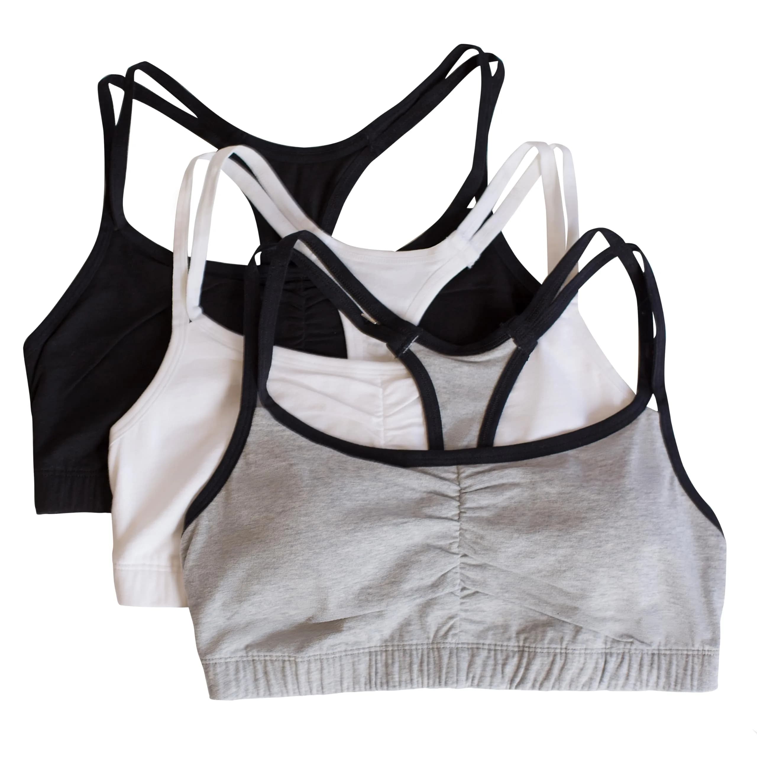 Fruit of the Loom Womens Spaghetti Strap Cotton Sports Bra 3 Pack | All-Day Comfort & Support (32) — Grey With Black/White/Black Hue / 36