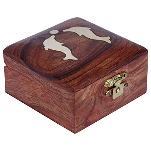 ITOS365 Handmade Wooden Jewelry Box 7.6cm x 7.6cm x 3.8cm | Dolphin Charm Decor Gifts thumbnail 1