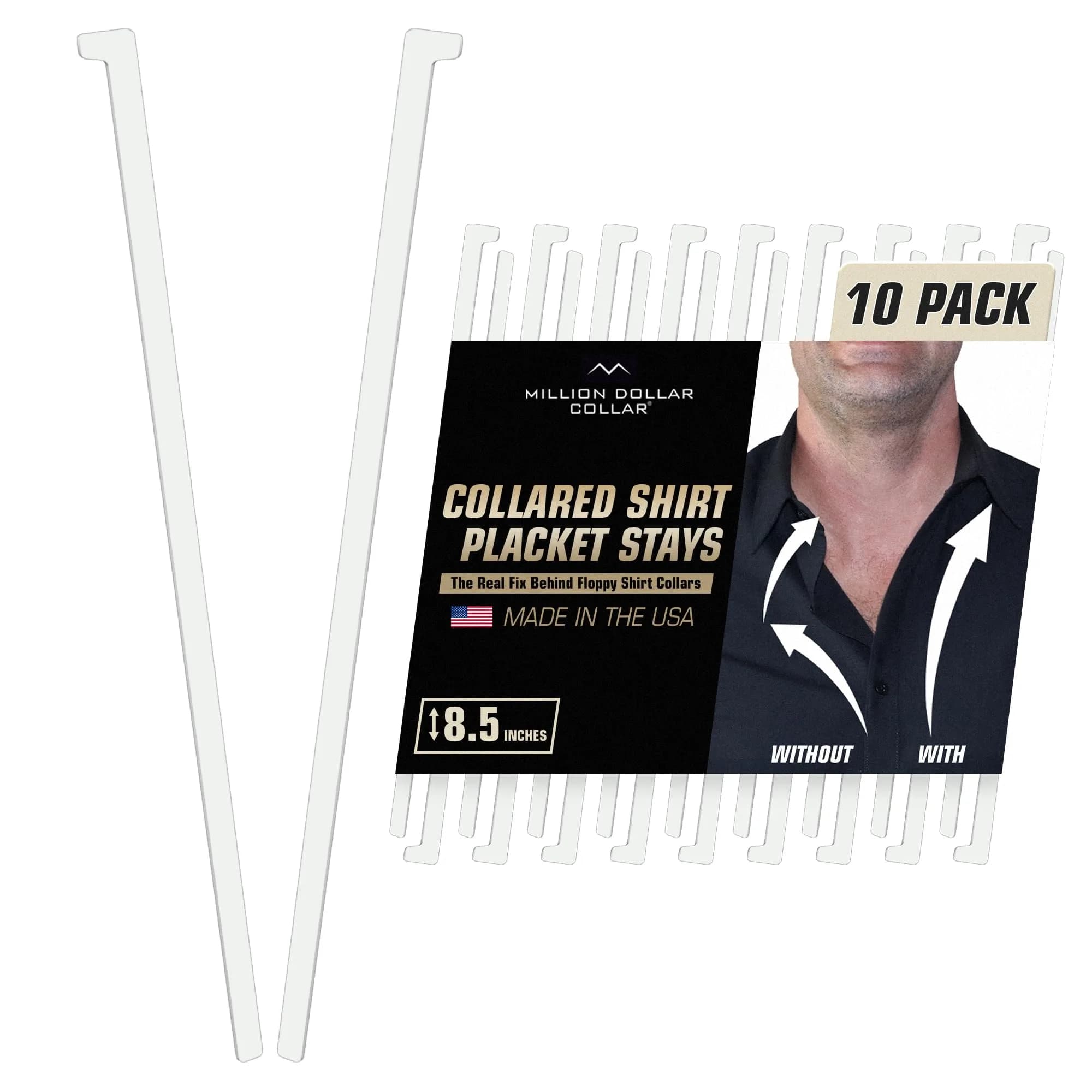 Million Dollar Collar Placket Stays 10-Pack White | Crisp Collar Support for Men & Women Dress Shirts