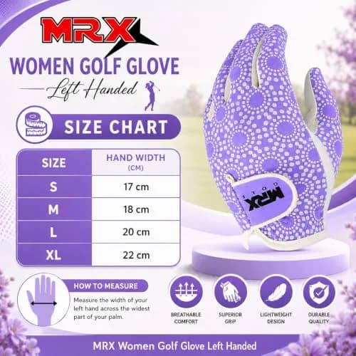 MRX BOXING & FITNESS Women's Golf Glove Left Handed Purple Regular Fit | Sweat Resistant Cabretta Leather thumbnail 2