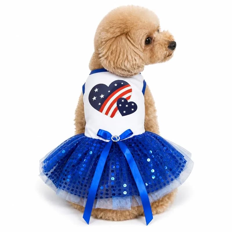 Petitebella USA Twins Heart Puppy Dog Dress (White/Blue Sequins) | Patriotic Pet Apparel for Small Dogs - main product image