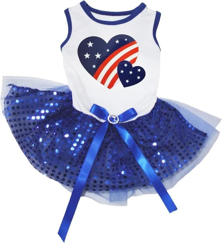Petitebella USA Twins Heart Puppy Dog Dress (White/Blue Sequins) | Patriotic Pet Apparel for Small Dogs thumbnail 3
