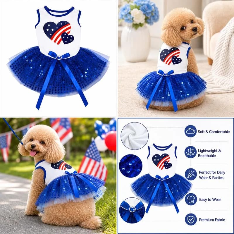 Petitebella USA Twins Heart Puppy Dog Dress (White/Blue Sequins) | Patriotic Pet Apparel for Small Dogs thumbnail 8
