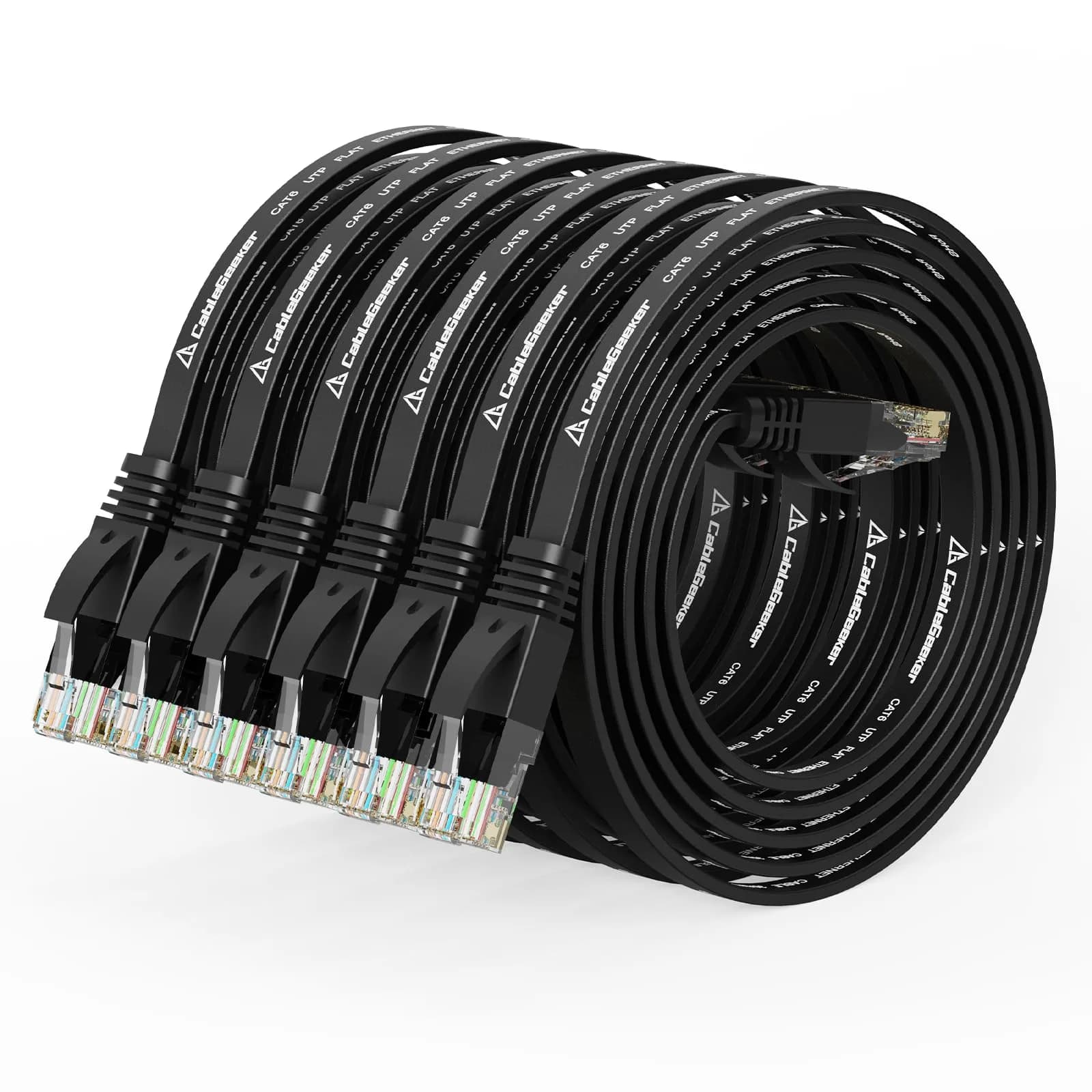 CableGeeker Flat Cat 6 Ethernet Cable 1.5ft (0.46m) 6-Pack | 10Gbps High-Speed Network Cable — Black-Flat