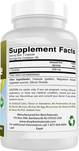 Best Naturals L-Tyrosine 500 mg 90 Capsules | Supports Brain & Mood thumbnail 6