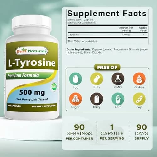Best Naturals L-Tyrosine 500 mg 90 Capsules | Supports Brain & Mood thumbnail 2