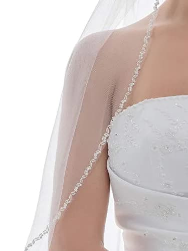 SAMKY Double Row Wavy Pearl Crystal Edge Bridal Veil - Light Ivory Fingertip 36" (91.44 cm) thumbnail 4