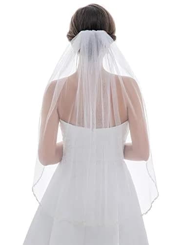 SAMKY Double Row Wavy Pearl Crystal Edge Bridal Veil - Light Ivory Fingertip 36" (91.44 cm) thumbnail 3