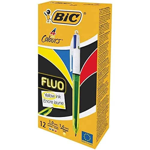 BIC 4 Colour Fluo Retractable Ballpoint Pen Pack of 12 | Fluorescent Multi-Color Office & School Supply thumbnail 1