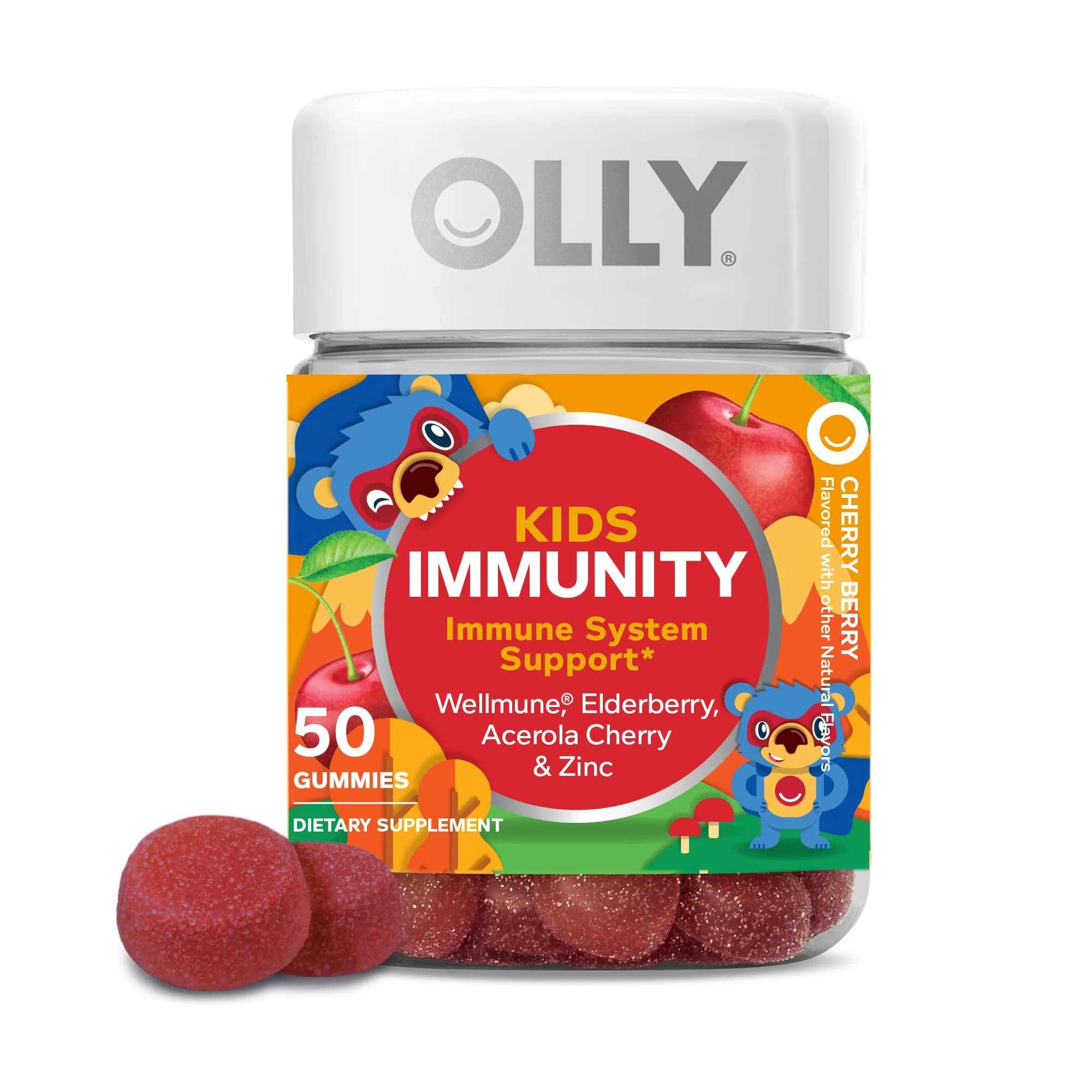 OLLY Kids Immunity Gummies Cherry Berry Flavor | 50 Count (125g) — Bottle