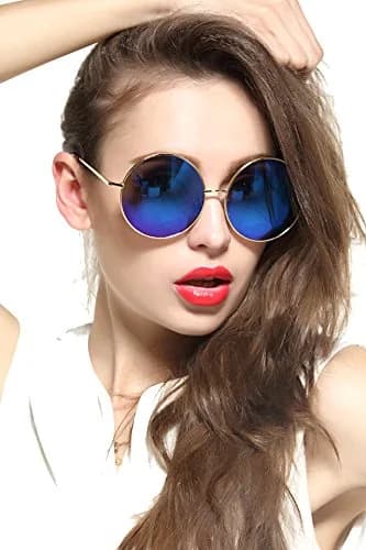 GEELOOK Round Sunglasses for Women Men Oversized Circle Mirrored Hippie Hipster Polarized Metal Frame, Blue Lens thumbnail 3