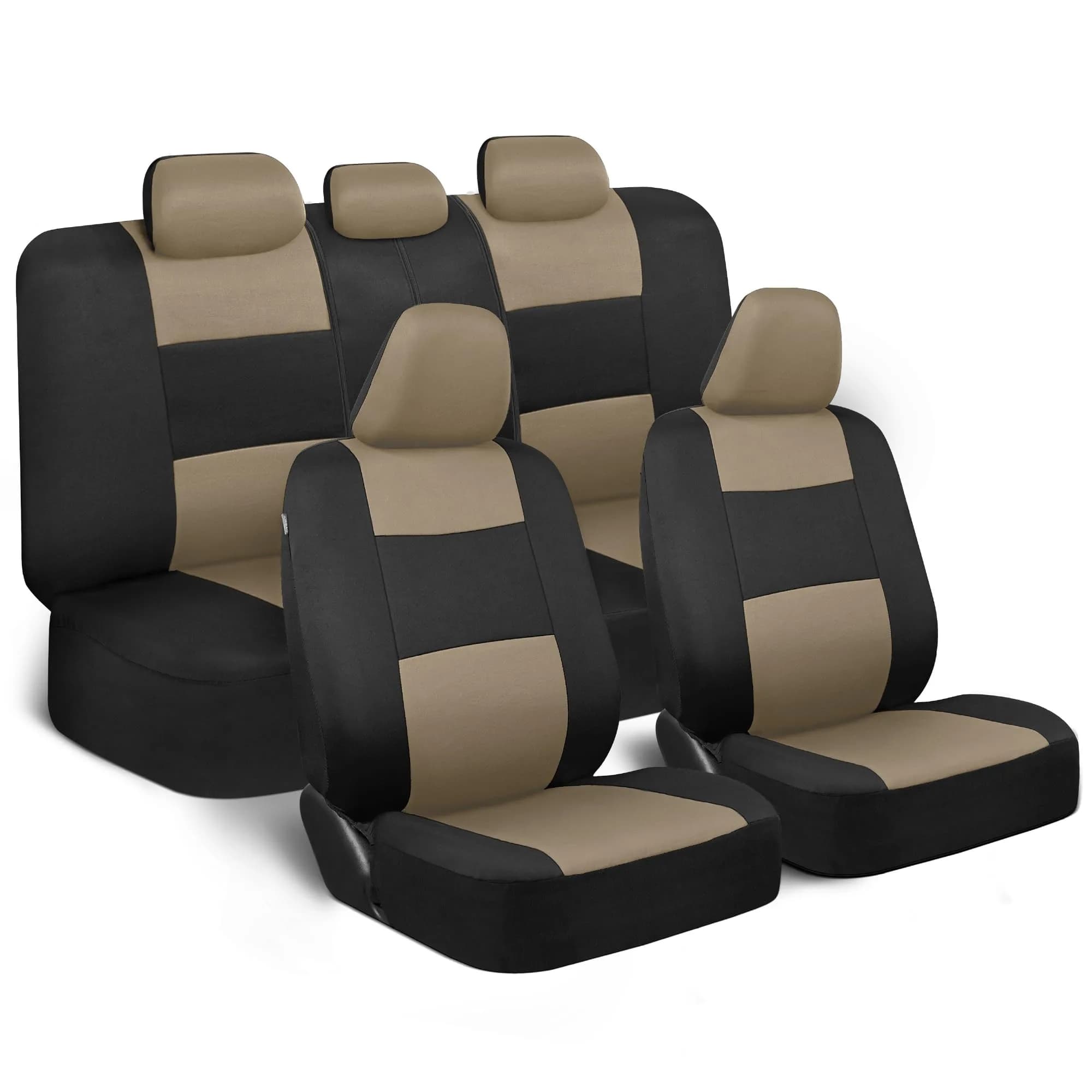 BDK PolyPro Seat Covers Full Set in Beige on Black | Universal Fit, Easy Install, Durable & Stylish (70-120c)